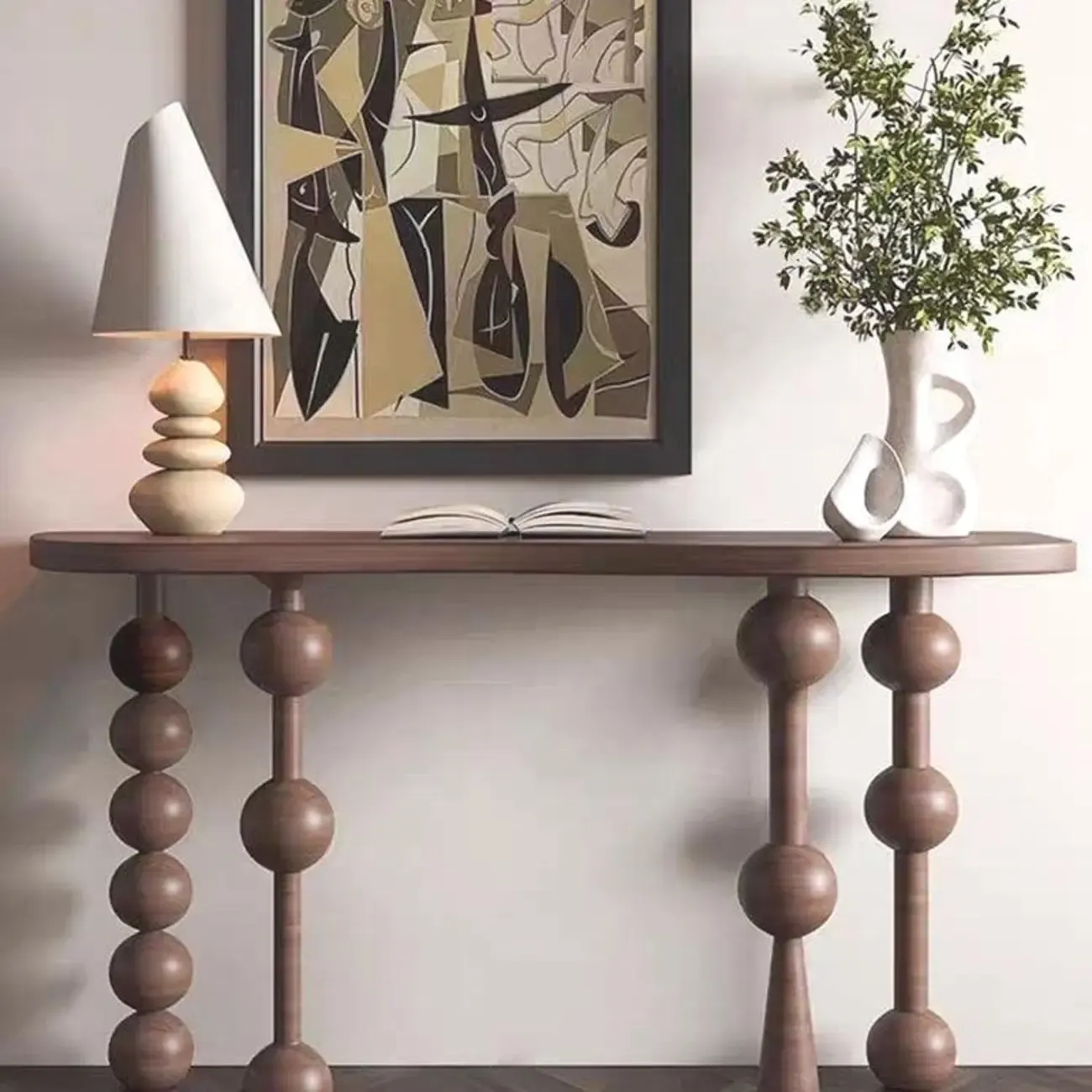 Artistic Walnut Wood Turned Leg Entry Console Table