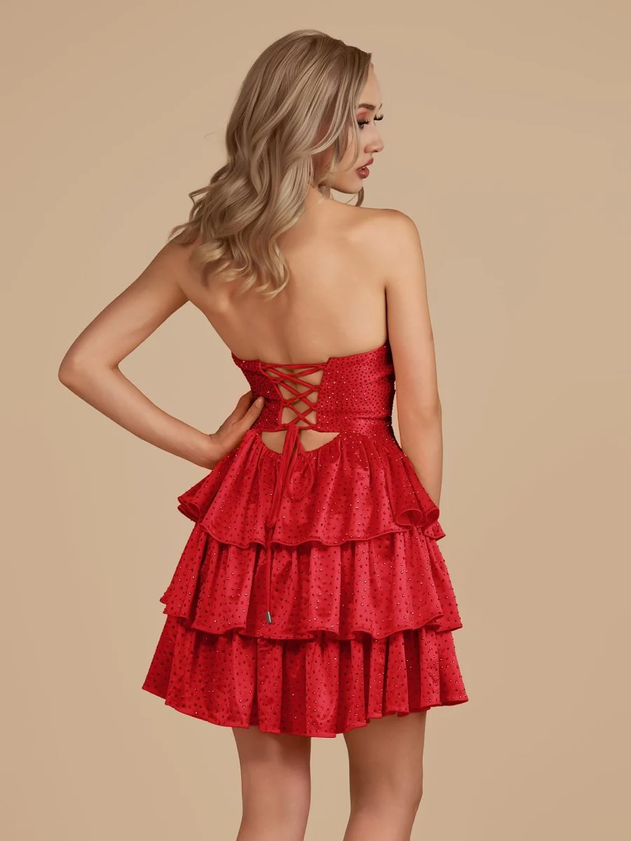Red - A Line Sweetheart Satin Cut Out Ruffled Homecoming & Cocktail Dresses with Beads