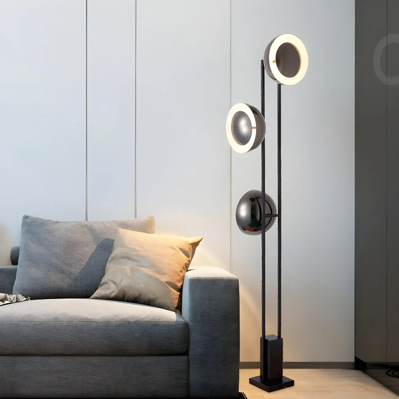 3-Light Black Floor Lamp with White Light for Living Room