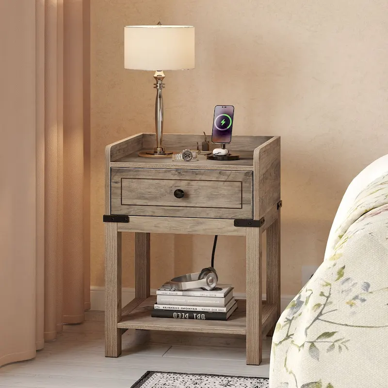 Grey Farmhouse Style End Table with Charging Station – 1 Person
