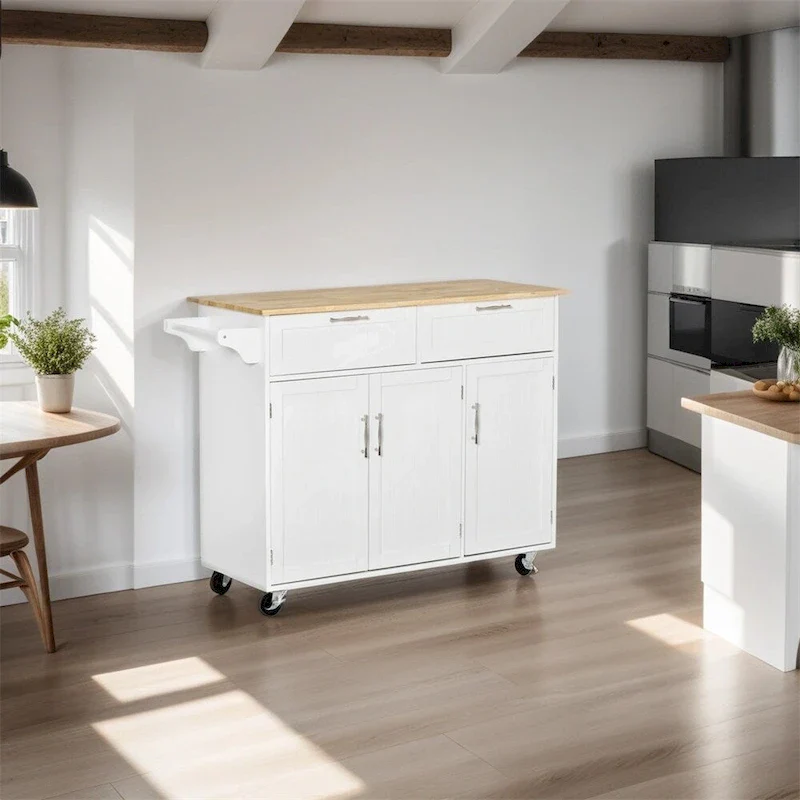 Mobile Wood Kitchen Island with Storage and Adjustable Shelves - N/A