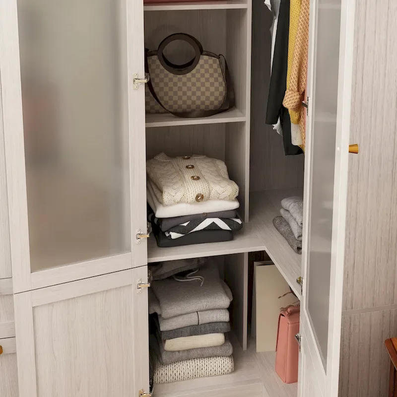 Large Frosted Glass Wardrobe with Soft-Close Hinges | MDF Construction | Light Gray Wood Grain | Gold Handles | Customizable Walk-In Closet