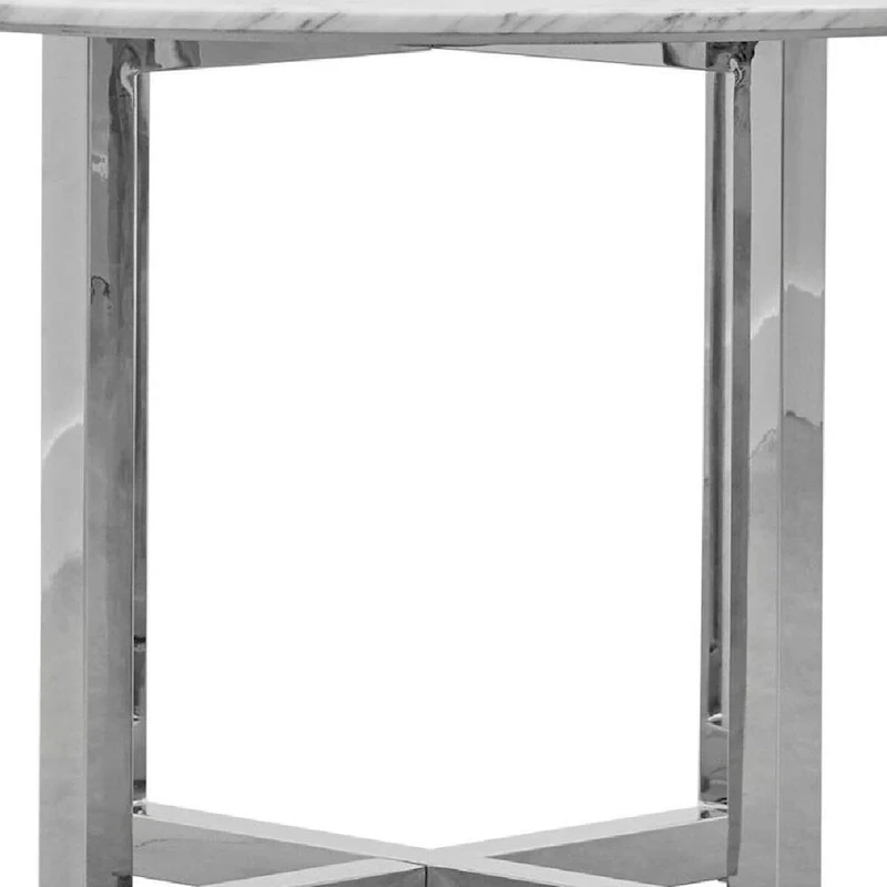 Eun 48 Inch Round Dining Table with Marble Top, Cross Base, Chrome