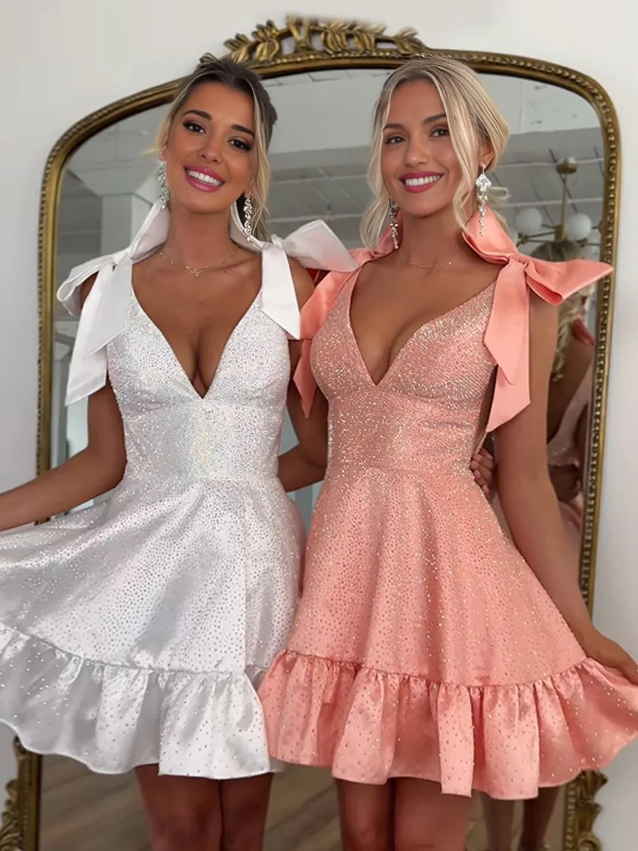 Blush - V Neck Satin A Line Beaded Homecoming Dress With Bow