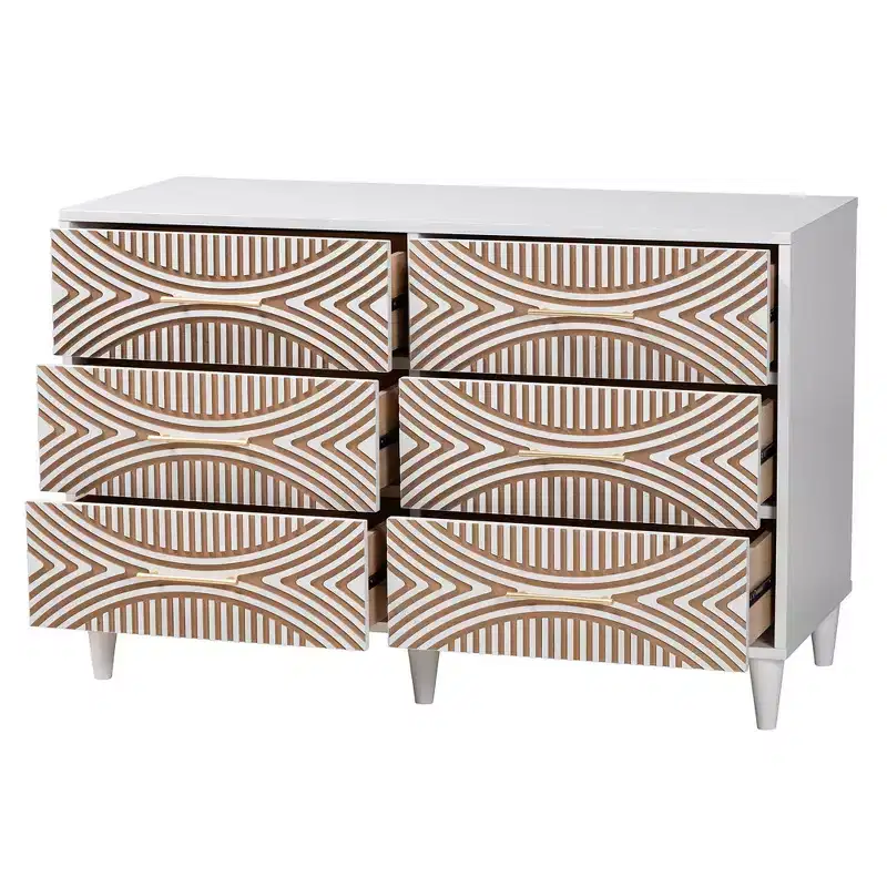 Baxton Studio Louetta Carved Contrasting 6 Drawer Dresser White/Natural Brown