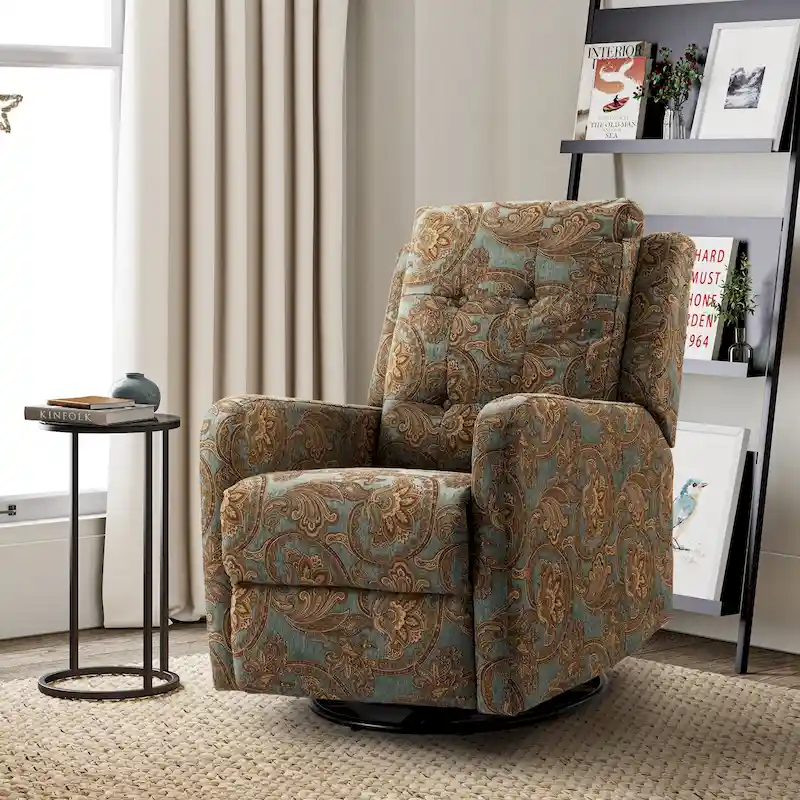 Contemporary Floral Manual Swivel Recliner with Tufted Back