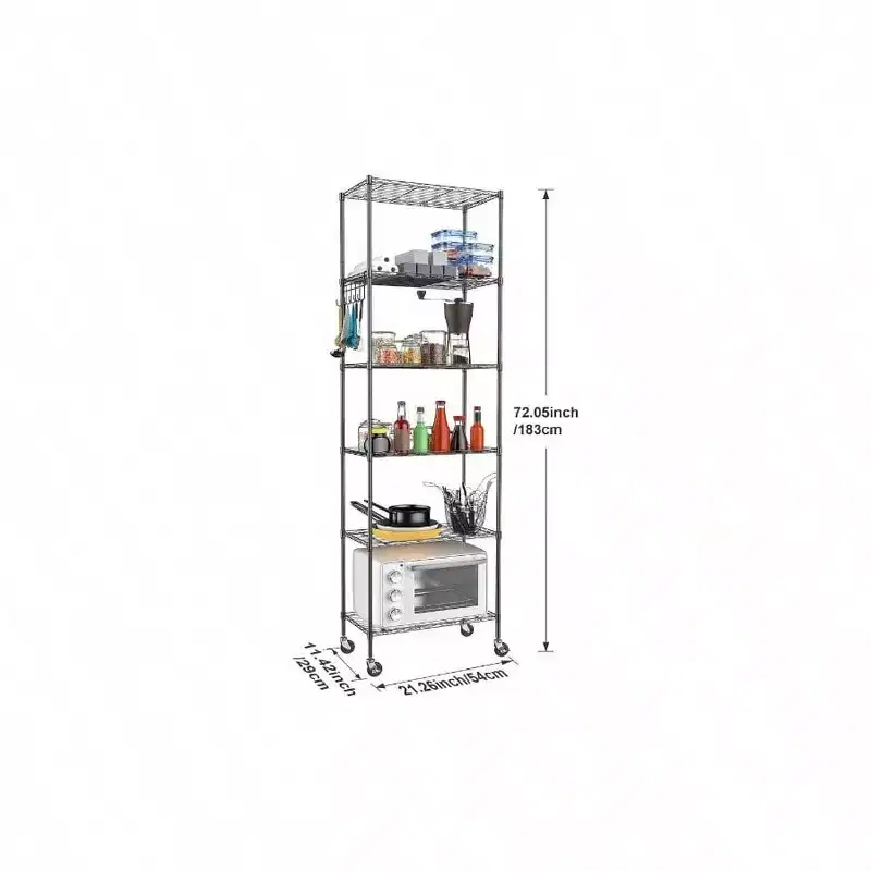 6 - Tier Storage Shelf Wire Shelving Unit Standing Rack Organization with Caster Wheels Stainless Side Hooks Black