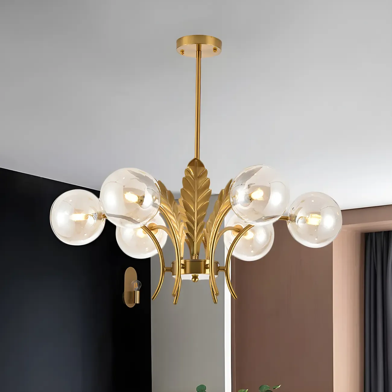 Luxury 6-light Gold Leaf Chandelier with Glass Globes