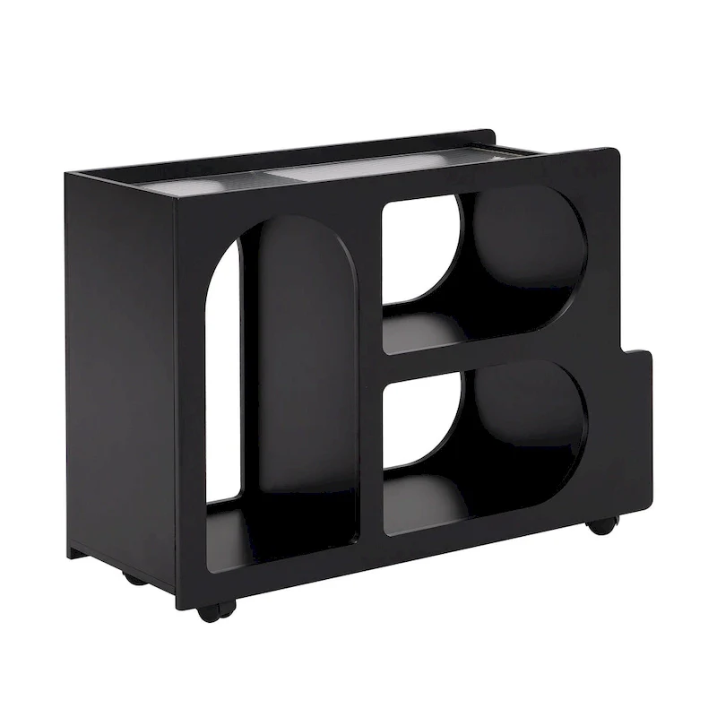 31.5  Modern Mobile End Table with 5mm Thick Fluted Tempered Glass, Lockable Wheels and Golden Round Rod