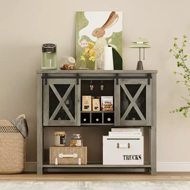 Wine Bar Cabinet with Sliding Barn Door, Rustic Kitchen Buffet Sideboard with Wine Rack & Glass Holder, Storage Liquor Cabinet for Dining Room, Grey