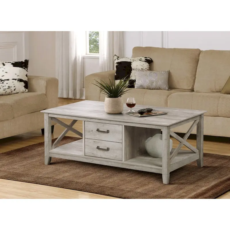 Washed Gray Coffee Table with 2 Drawers - Farmhouse Style