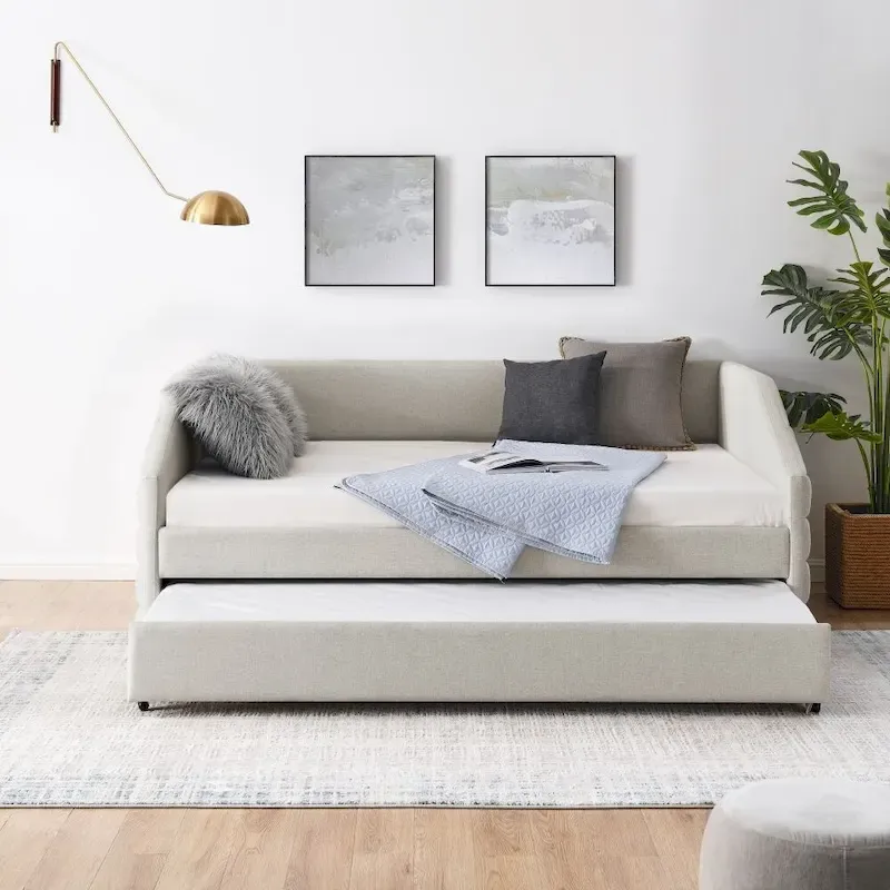 Full Size Daybed with Trundle Upholstered Tufted Sofa Bed, Linen Fabric