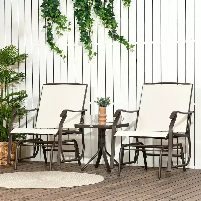 3-Piece Outdoor Glider Chair Bistro Set with Tempered Glass Coffee Table Cream White