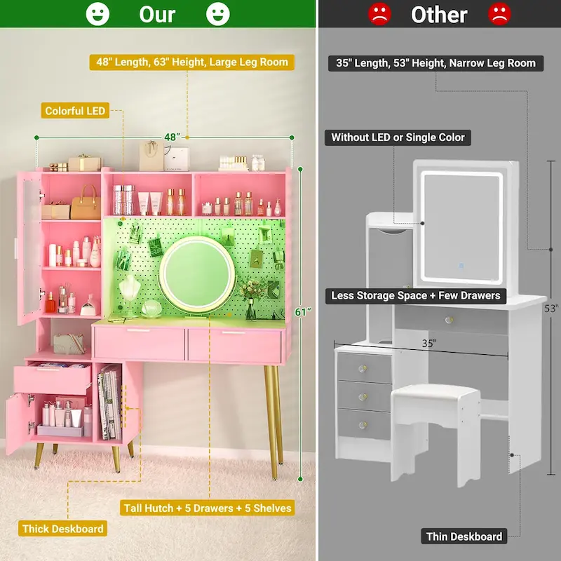 Makeup Vanity with Pegboard and Hutch, Bedroom Vanity Table with Charge Station and LED Light - N/A
