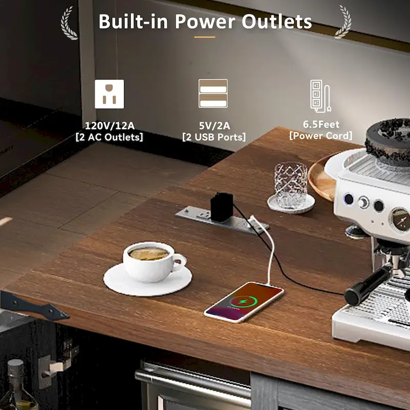 Farmhouse Kitchen Island with Power Outlet and Rolling Cart