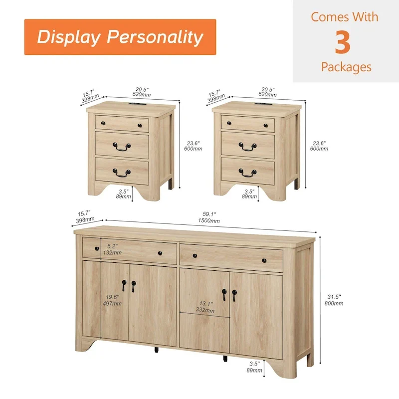 WAMPAT Farmhouse 3PCS Bedroom Set, 59 W Large Sideboard Buffet Cabinet,and Wood Nightstands Set of 2 with Charging Station
