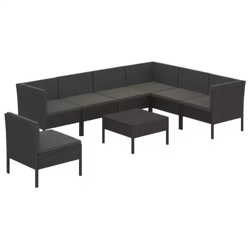 vidaXL Patio Lounge Set - 8 Piece Black Poly Rattan Garden Furniture with Cushions - Weather-Resistant, Sturdy, and Comfortable Modular Design