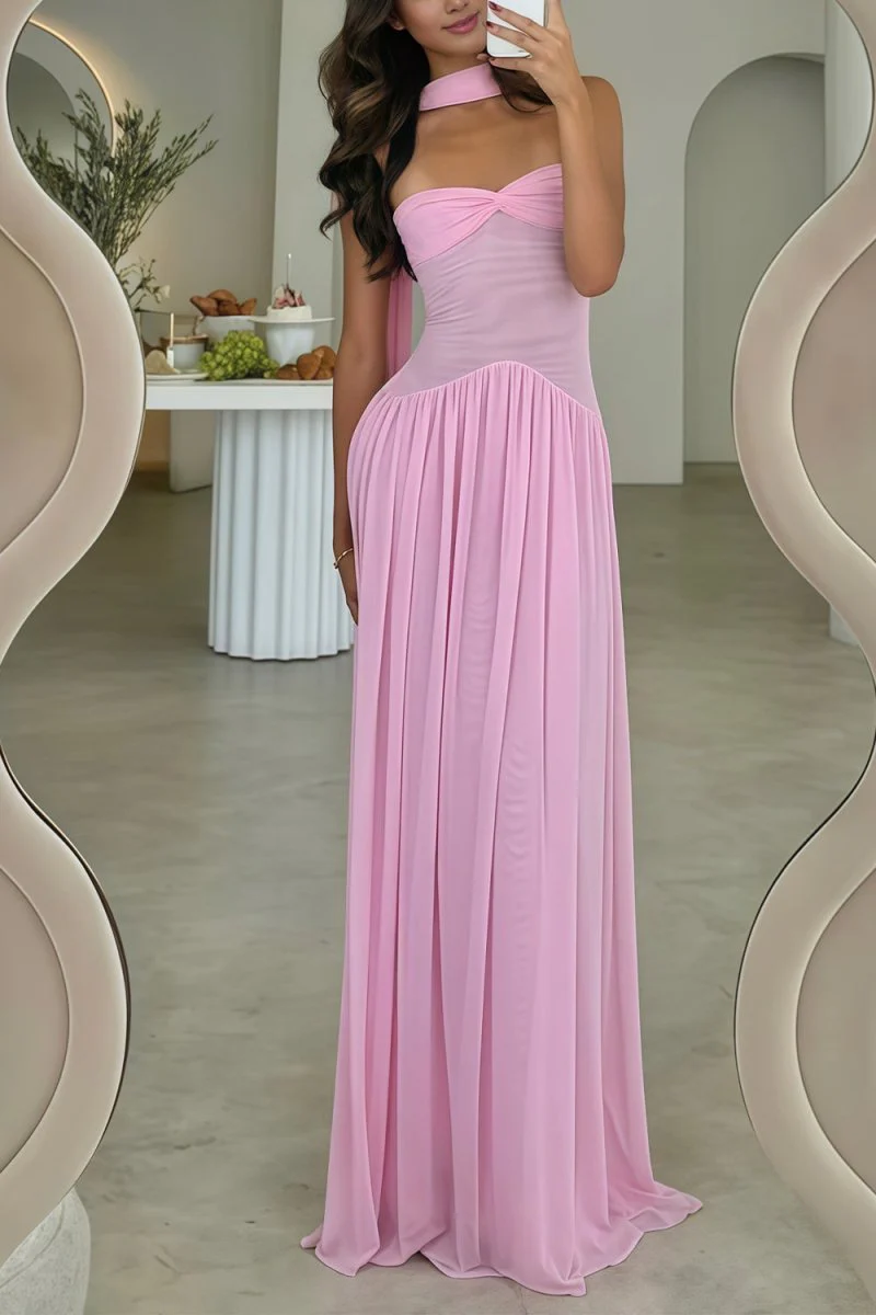 Pink Strapless A Line Chiffon Pleated Long Prom Dresses