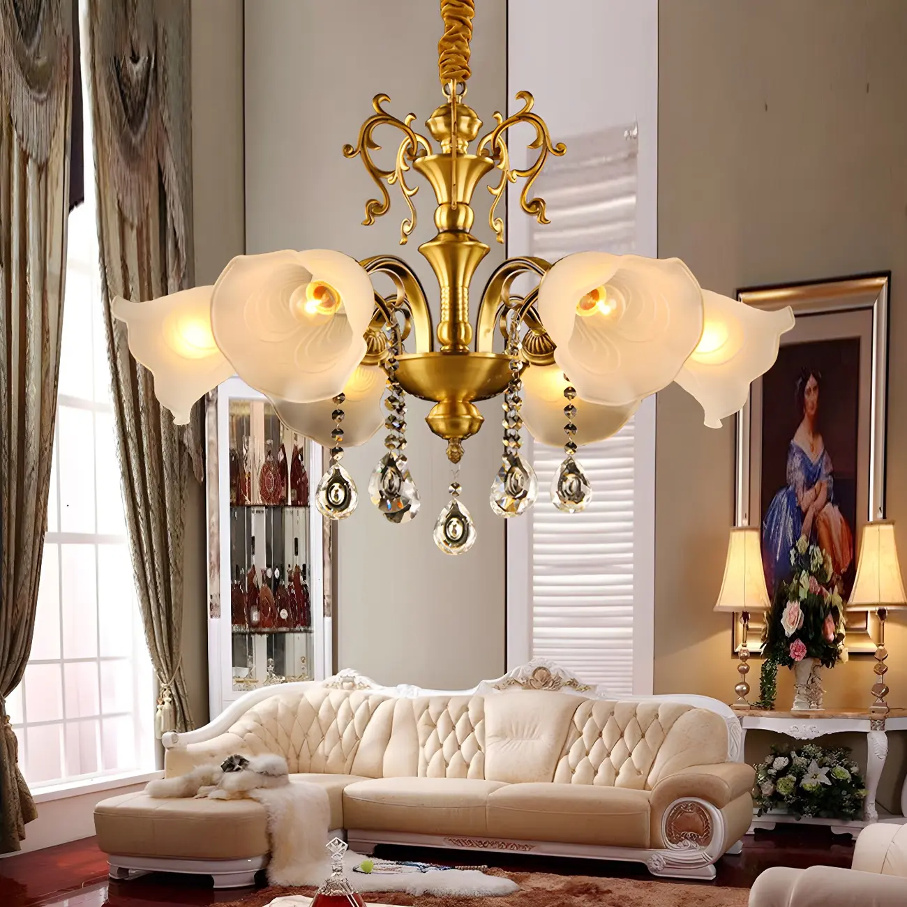 Gold Crystal Pendant Frosted Flower Glass Chandelier