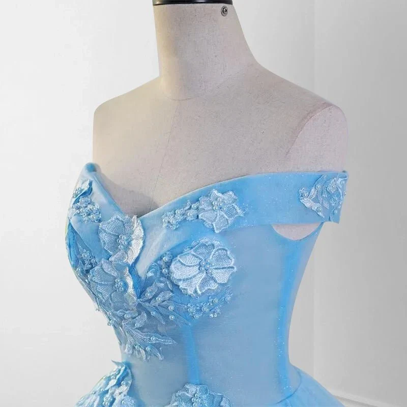 Sky Blue Tulle 3D Flowers Quinceanera Dresses With Train