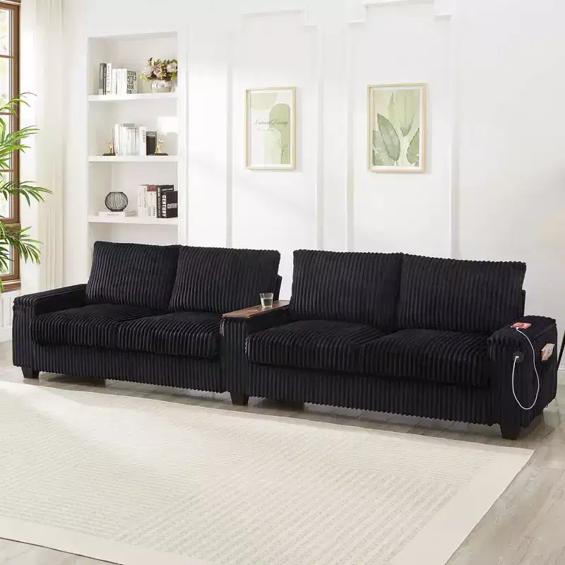 MAYEERTY 4 Seater Corduroy Sofa Couch 133 Modern Sofa with Ports Hidden Storage Arms Flip Top Cup Holders for Living Room Black