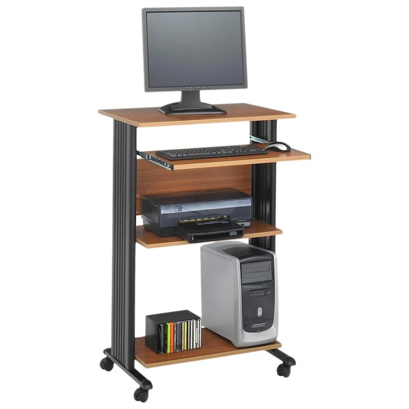 Brown / Cherry / Grey Mobile Standing Desk with Printer Storage — 1 Person