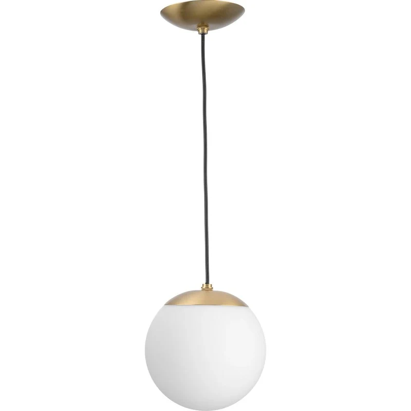 Atwell Collection Brushed Bronze and Opal Glass Globe Small Hanging Pendant Light - 8 in x 8 in x 8.5 in