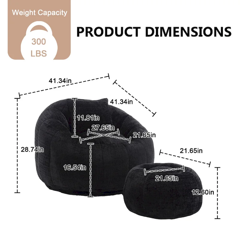 HOMEFUN Chenille Upholstered Round Lazy Cozy Bean Bag Chair with Ottoman and a Pillow