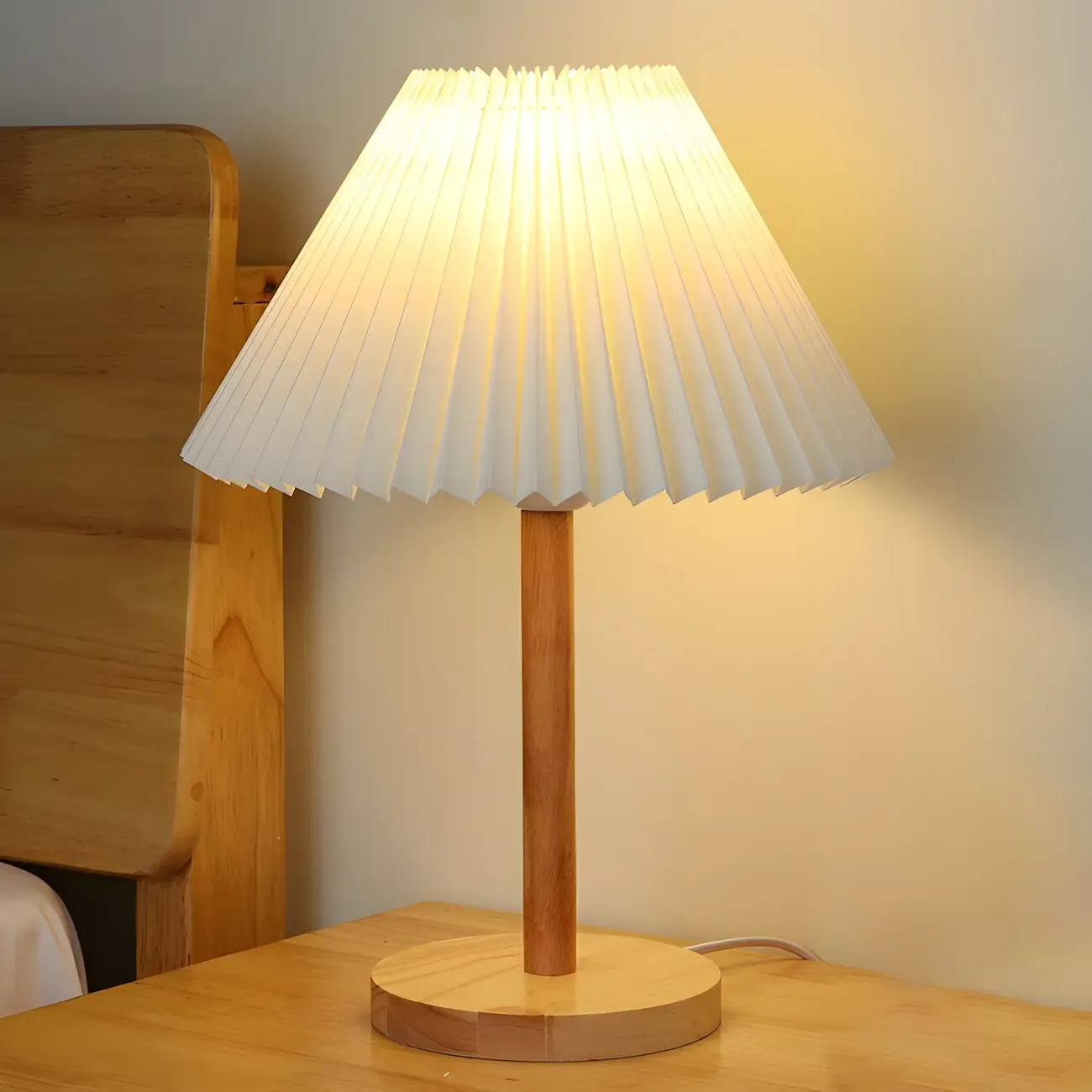 Natural Wood Table Lamp Plug In Electric LED for Bedroom