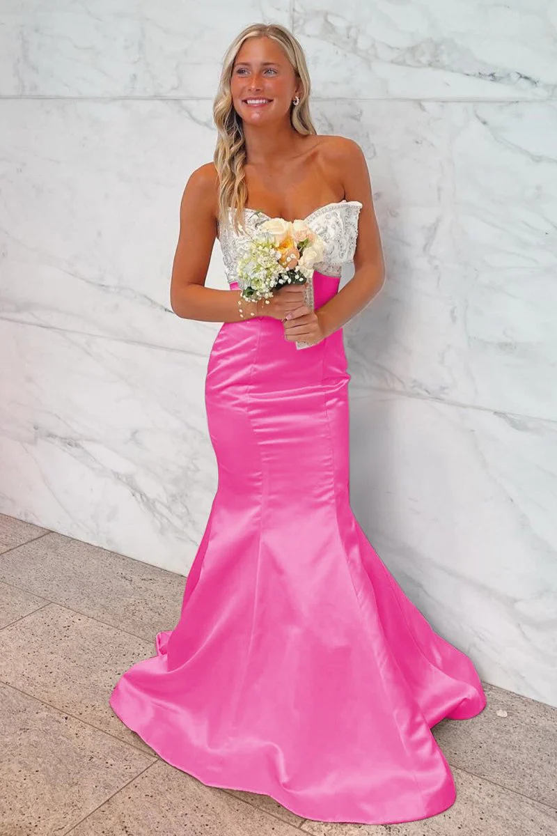 Pink Mermaid Satin Strapless Long Prom Dresses with Beaded Bow