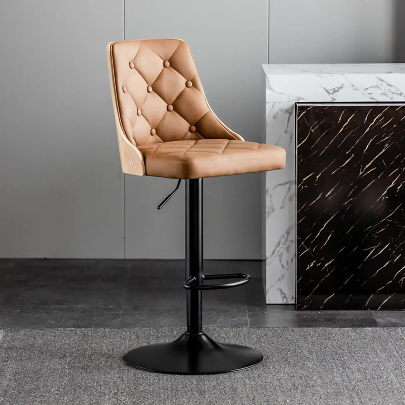 Modern Adjustable Full Back Tufted Leather Bar Stool