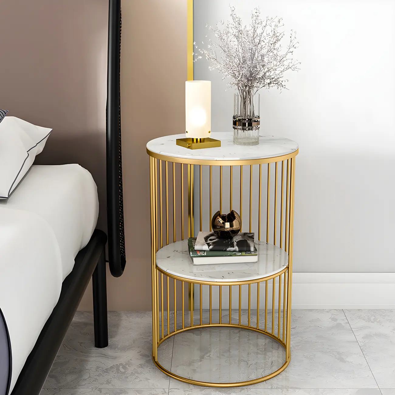 Modern Metal Bedside Table with Open Shelf in Cylindrical Shape