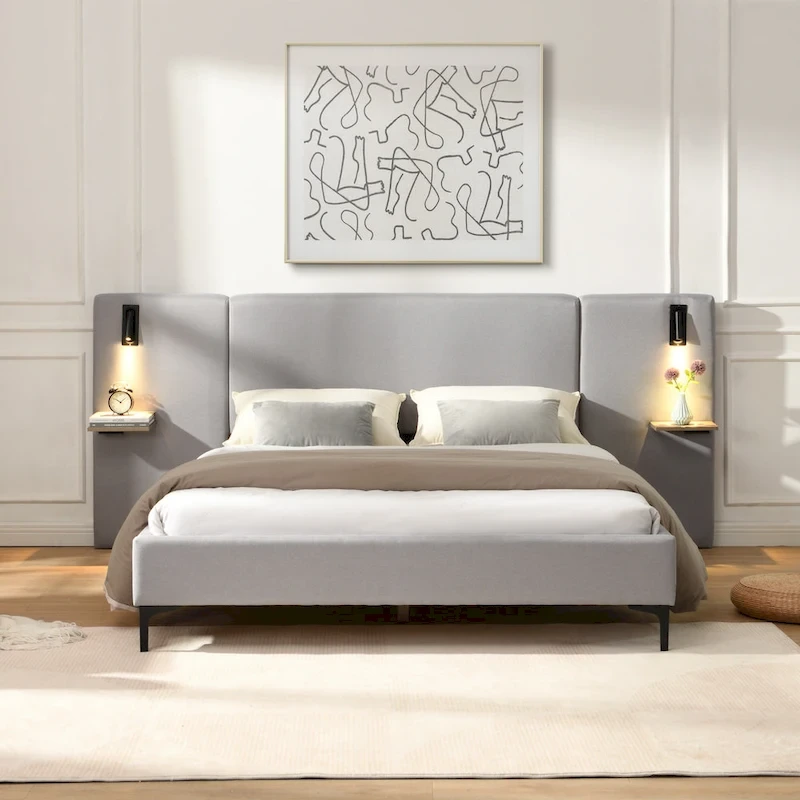 Grey Linen Platform Bed Upholstered Wingback Big Frame Bed with Bedside Lights and Shelves Storage Bed, Chic Panel Bed