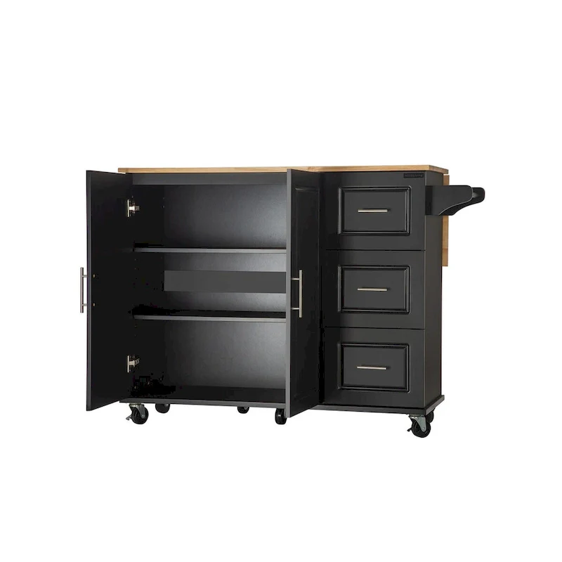 Mobile Kitchen Island Cart with Rubber Wood Top and 3 Drawers
