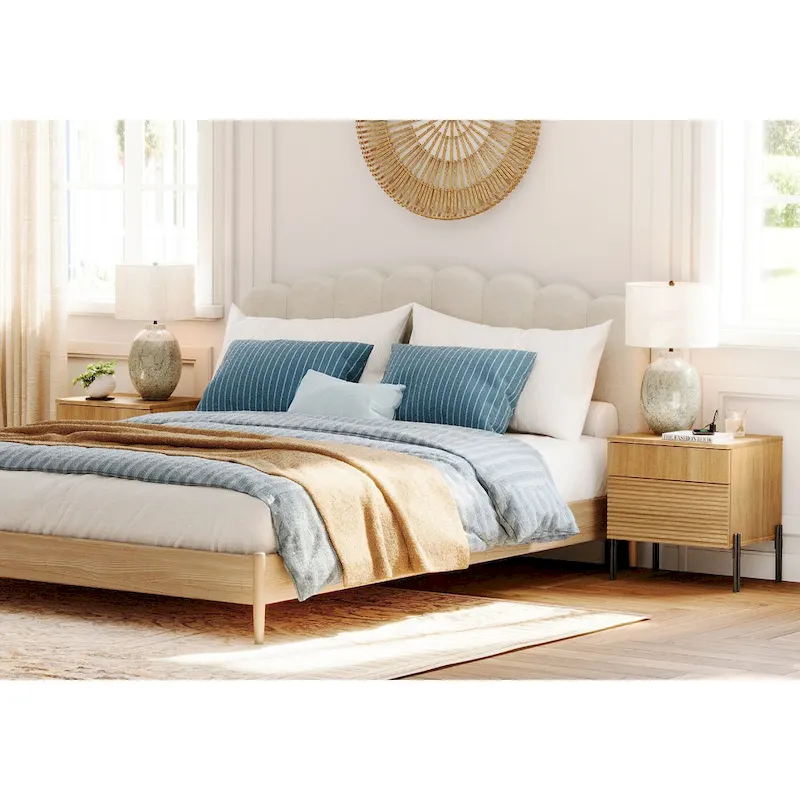 WAMPAT Fluted Nightstand with Charging Station,Modern Side Table with 2 Drawers