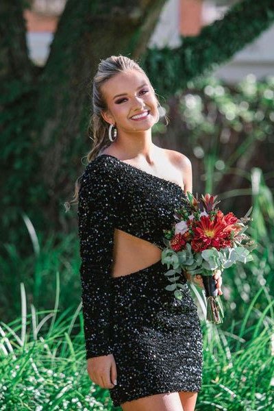 Sky blue Sheath Sequin One Shoulder Mini Party Dresses