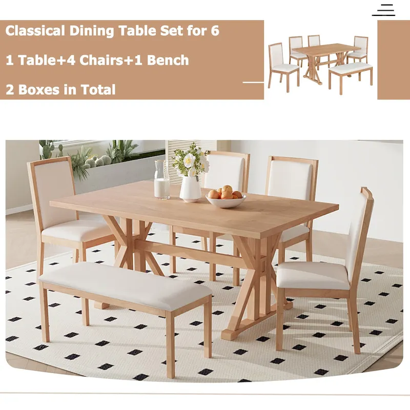 Farmhouse Style 6-Piece Dining Table Set with 4 Upholstered Dining Chairs and Bench
