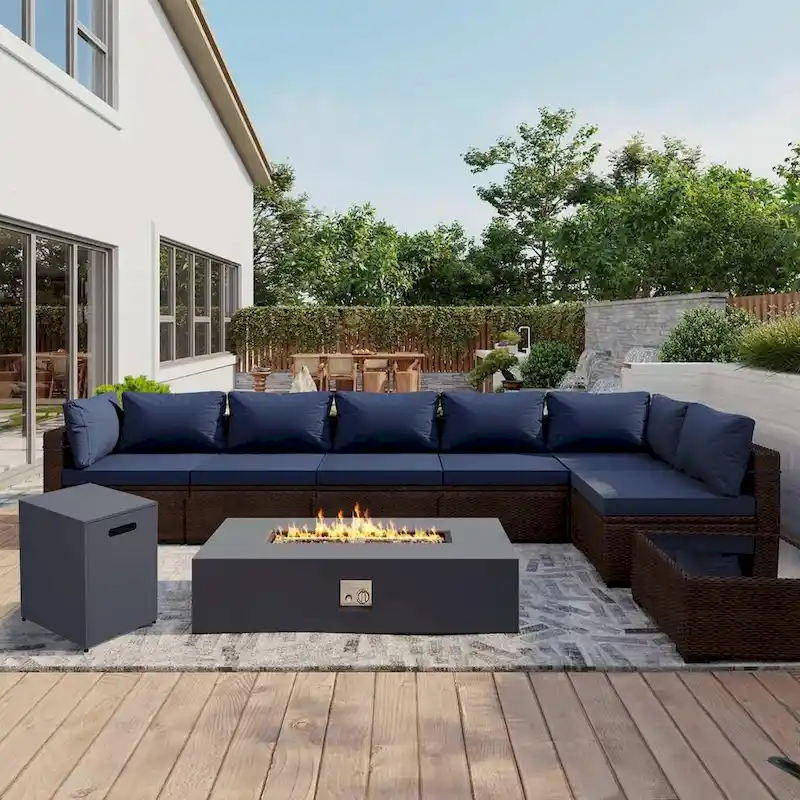 UPHA 9 Pieces Patio Furniture Set with 50,000 BTU Iron Propane Fire Pit Table, Fire Pit Set with Beige / Navy Blue Cushions