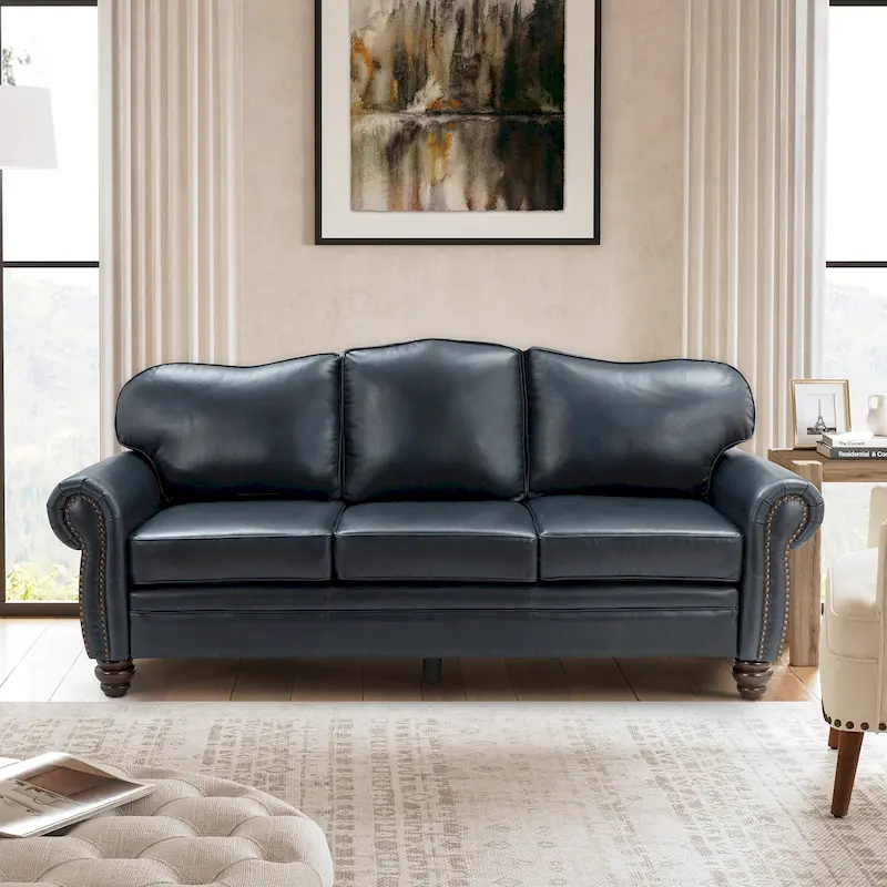 Balvino 81 Wide Transitional Genuine Leather Rolled Arm Sofa with Nailhead Trim and Removable Cushions