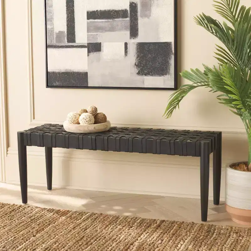 Walda Leather Woven Bench - BCH4000 - Black - Safavieh