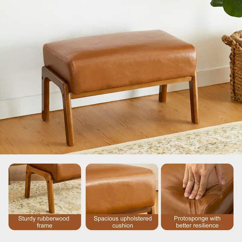 Brown Mid-Century Faux Leather Ottoman Accent Stool, Set of 2