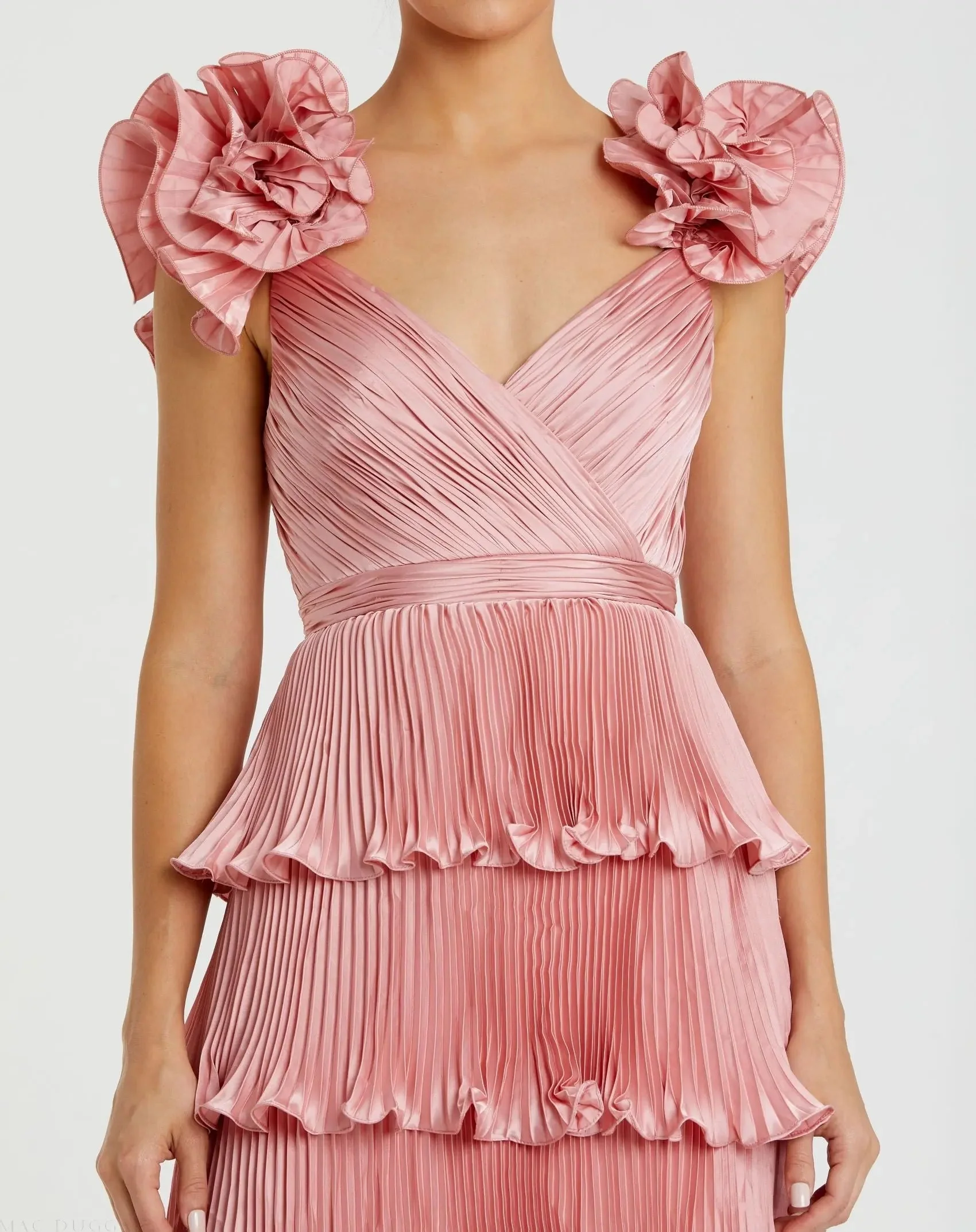 Pink Pleated Charmeuse Tiered Gown With Ruffle Straps