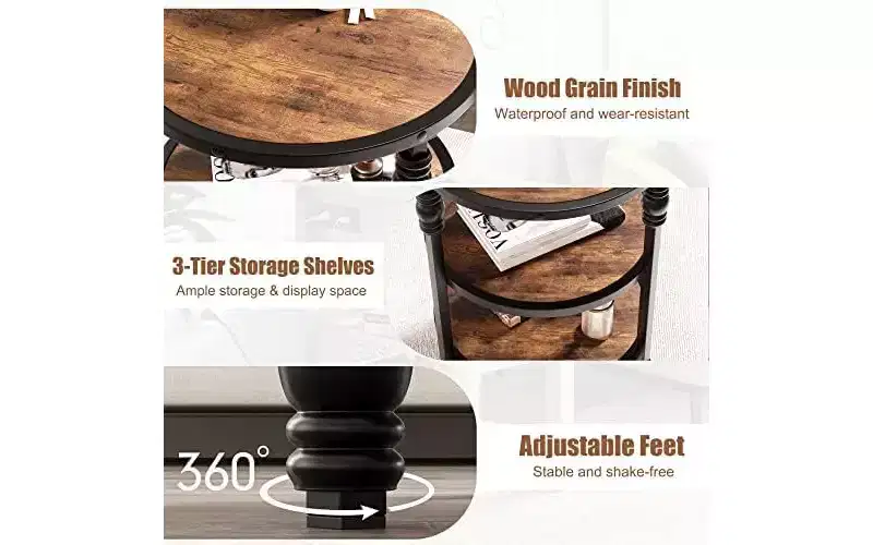 3-Tier Round Side Table, Mid-Century Modern End Table with Open Shelves, Metal Frame Nightstand for Bedroom, Living Room, Entryway(18''x18''x24'')