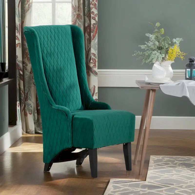 High-backed velvet wing-back chair with wooden legs