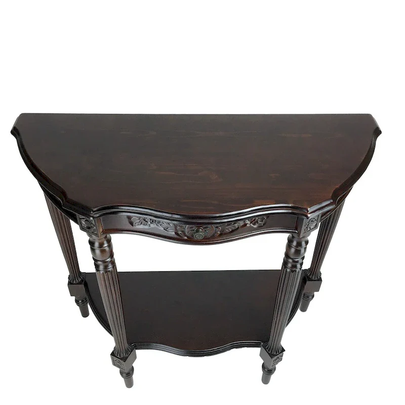 Half Crescent Moon Shape Engraved Wooden Console Table with 1 Drawer,Brown