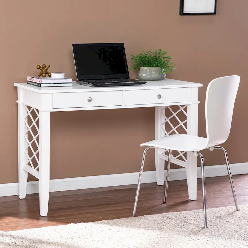 White Writing Desk with Storage Drawer, Modern Home Office Desk, Space-Saving Design