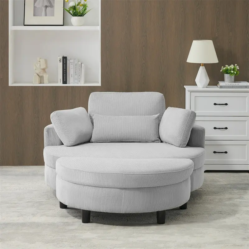 Round Sofa Chair with Ottoman, Corduroy Fabric, Adjustable Headrest, Removable Tray, 2 Throw Pillows & 1 Waist Pillow, Orange / Beige / Grey / Yellow, 1-Person Use