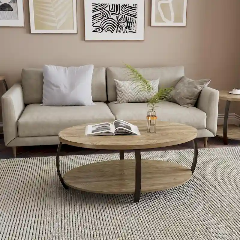 Oval Coffee Table, Industrial 2-Tier Elliptic Coffee Table