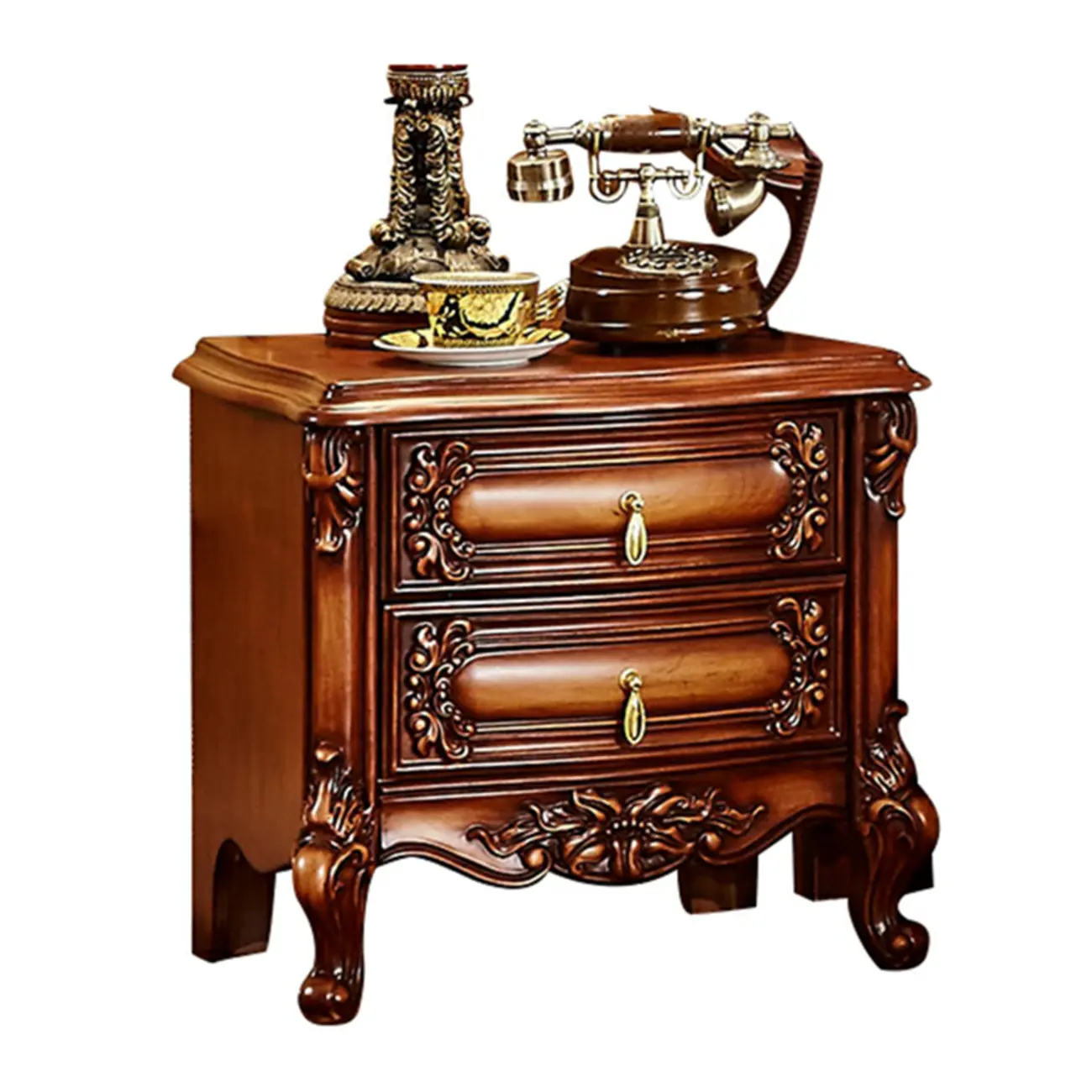 Traditional Brown Carved Wood 2-Drawer Standard Nightstand