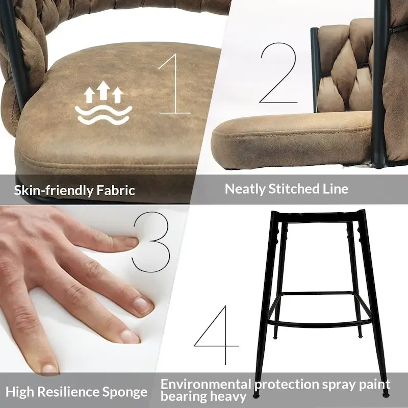 2 Woven Bar Stool,Black Legs No Adjustable Chairs,360 Swivel Upholstered Bar Chair Counter Stool Arm Chairs With Back Footrest